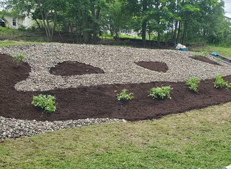 A newly installed mulch and stones on a hill